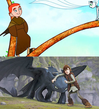 Top: Brendan and Aisling from The Secret of Kells; Bottom: Hiccup and Toothless from How to Train Your Dragon